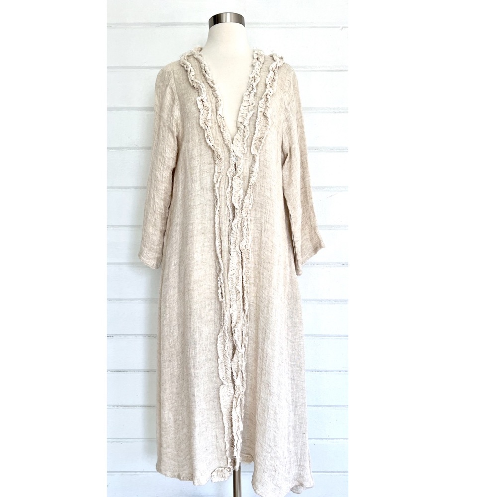 NAMSAR 100% Linen Duster with Ruffle Trim in Natural - S/M